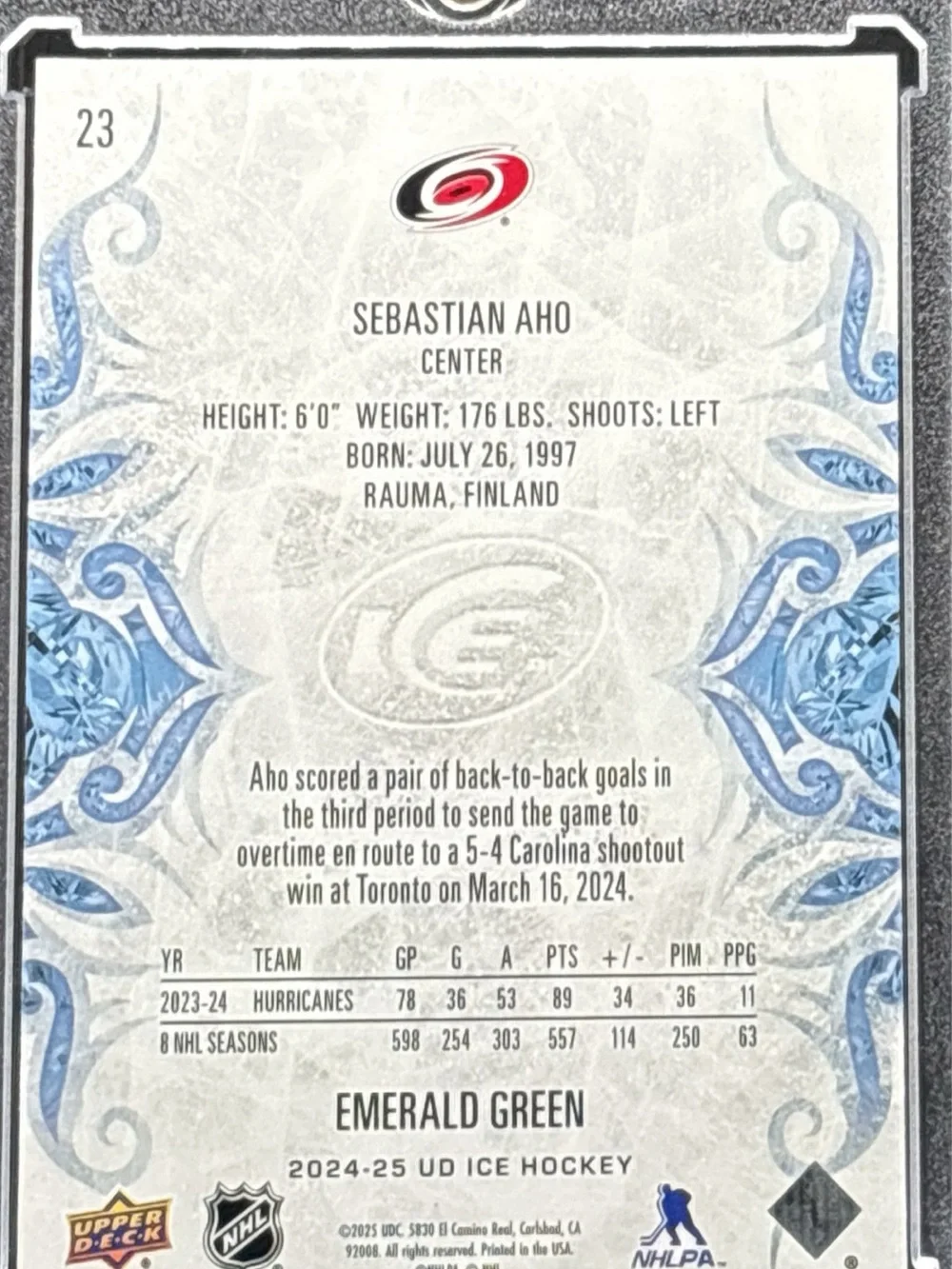 Upper Deck Sebastian Aho Hockey Trading Card Emerald Green Prizm